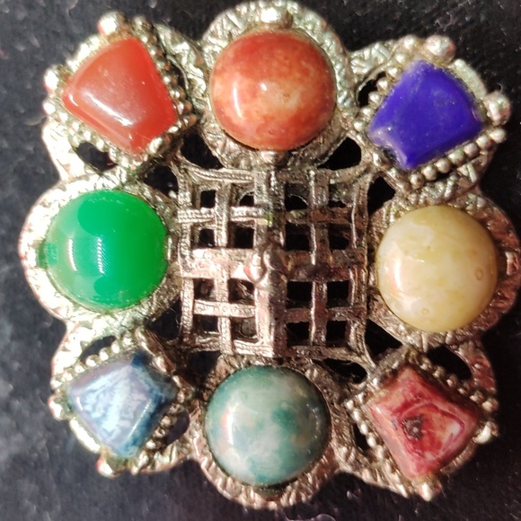 VINTAGE UNSIGNED ANTIQUE SILVER TONE SEMI PRECIOUS STONE BROOCH PIN - Picture 2 of 3